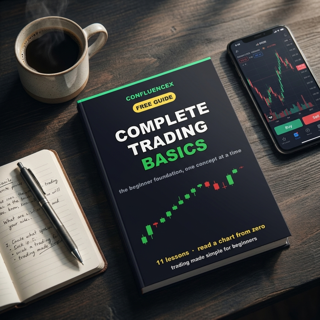 Complete Trading Basics free guide, lifestyle flat lay on a trading desk