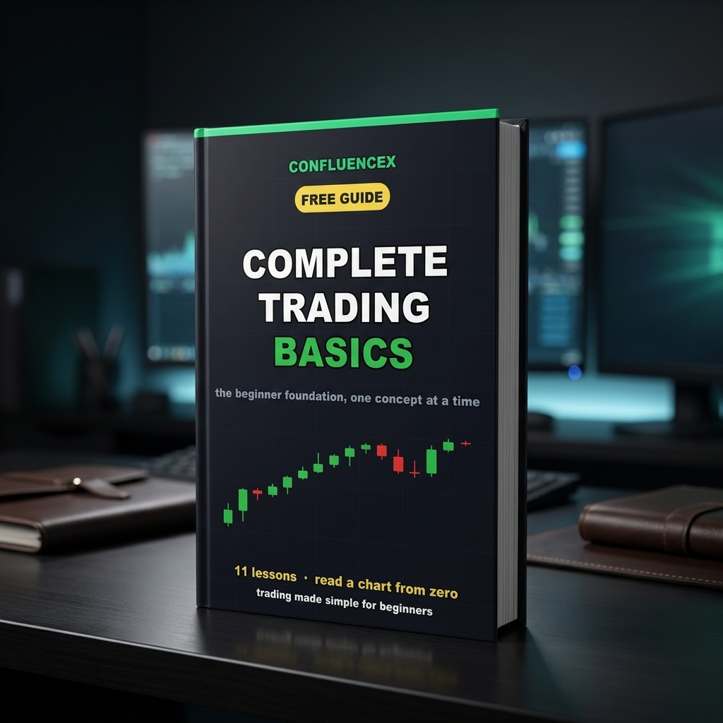 Complete Trading Basics free guide, 3D book on a trading desk