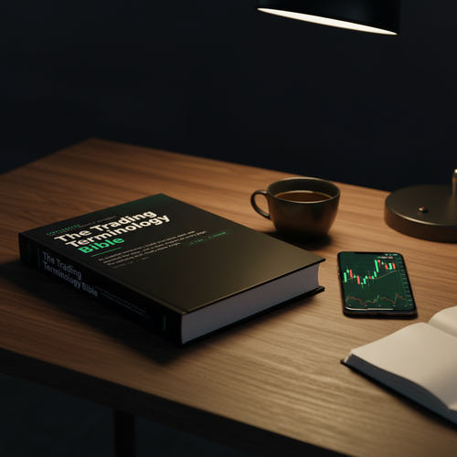 The Trading Terminology Bible beside a phone showing a trading chart