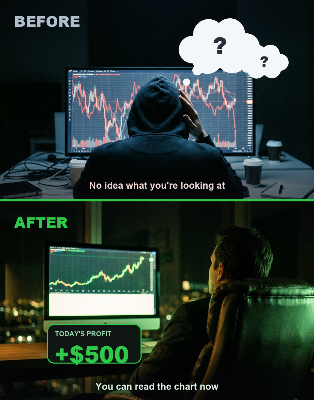 Before and after: confused at a messy chart versus reading a clean uptrend with profit